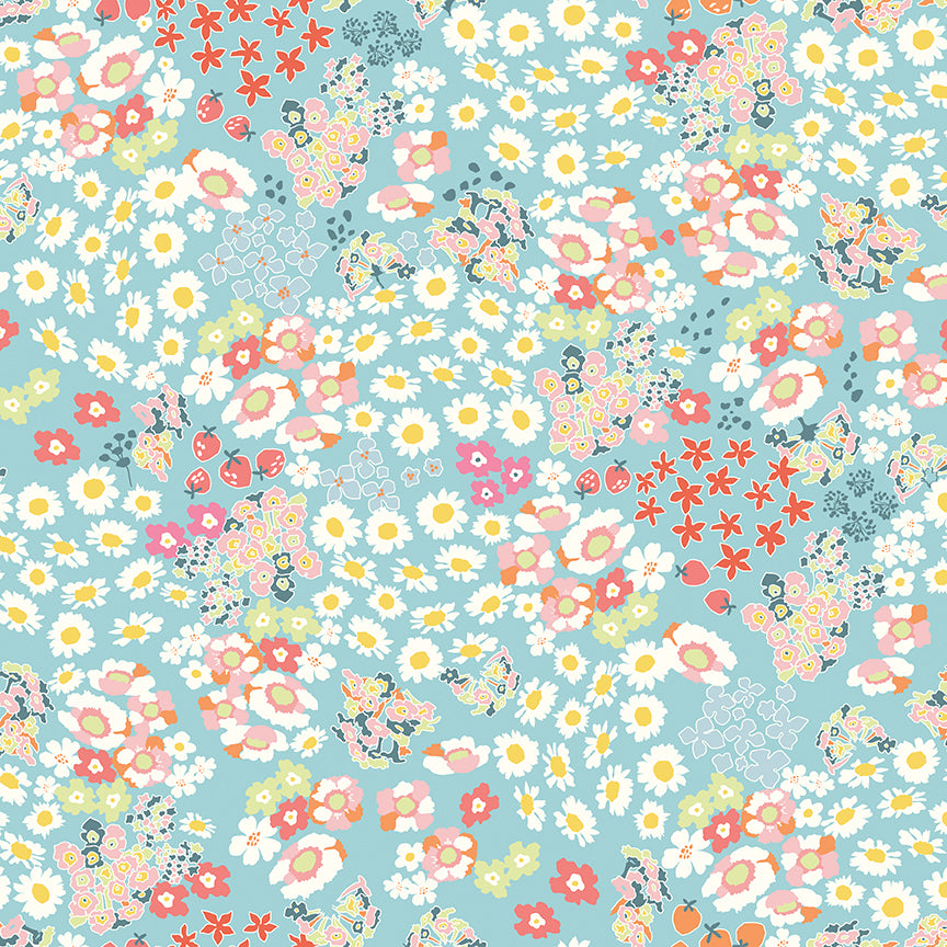 Cotton Nook Flowerbed Aqua Fabric by Minki Kim | Riley Blake