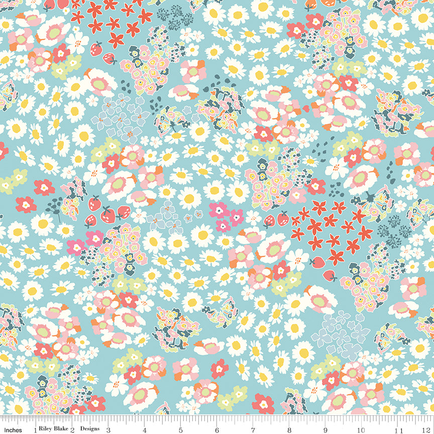 Cotton Nook Flowerbed Aqua Fabric by Minki Kim | Riley Blake