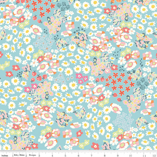 Cotton Nook Flowerbed Aqua Fabric by Minki Kim | Riley Blake