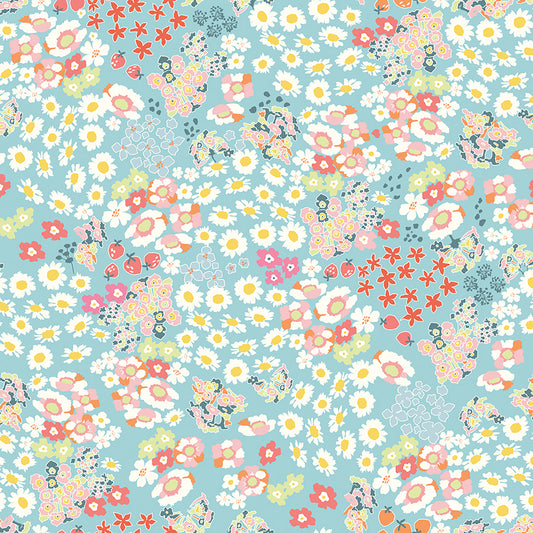 Cotton Nook Flowerbed Aqua Fabric by Minki Kim | Riley Blake